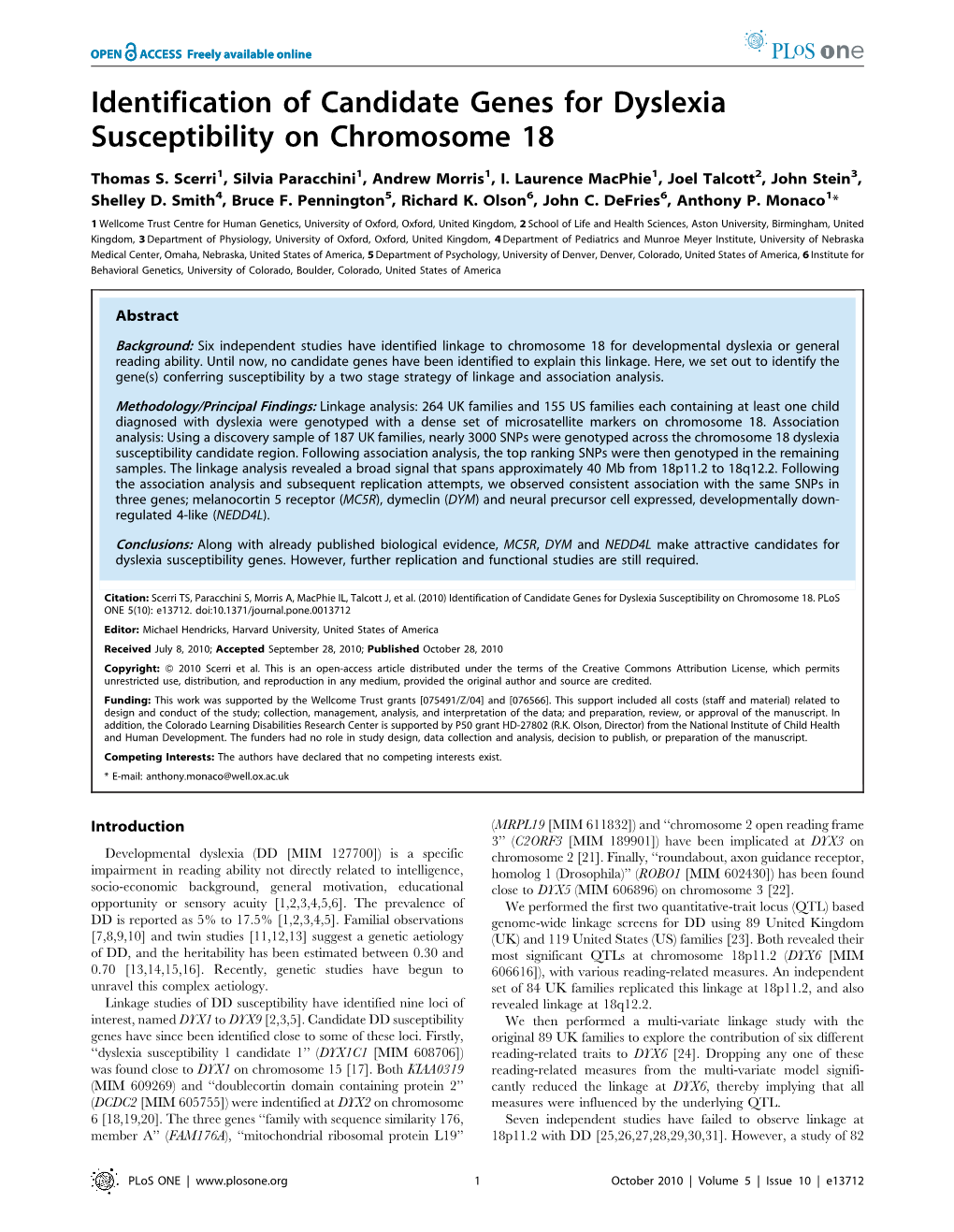 Identification of Candidate Genes for Dyslexia Susceptibility on Chromosome 18