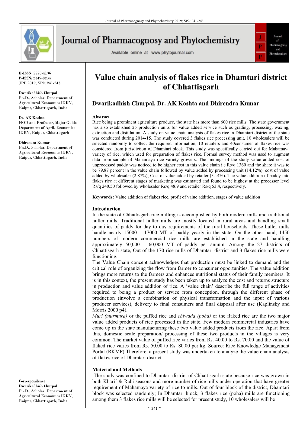 Value Chain Analysis of Flakes Rice in Dhamtari District of Chhattisgarh