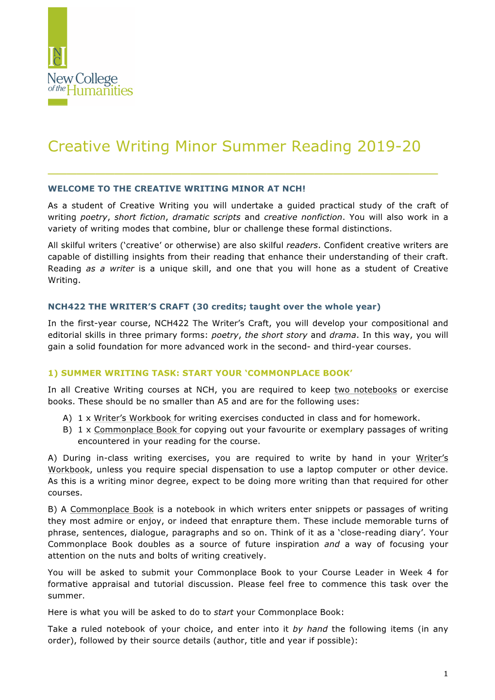 Creative Writing Minor Summer Reading 2019-20 ______