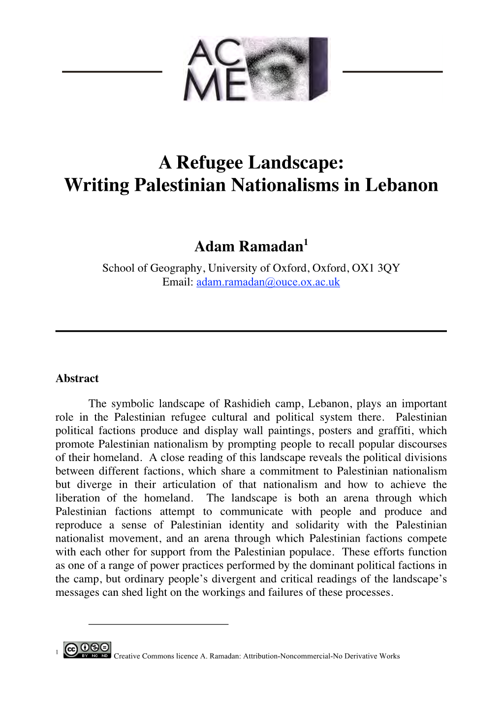 A Refugee Landscape: Writing Palestinian Nationalisms in Lebanon 70