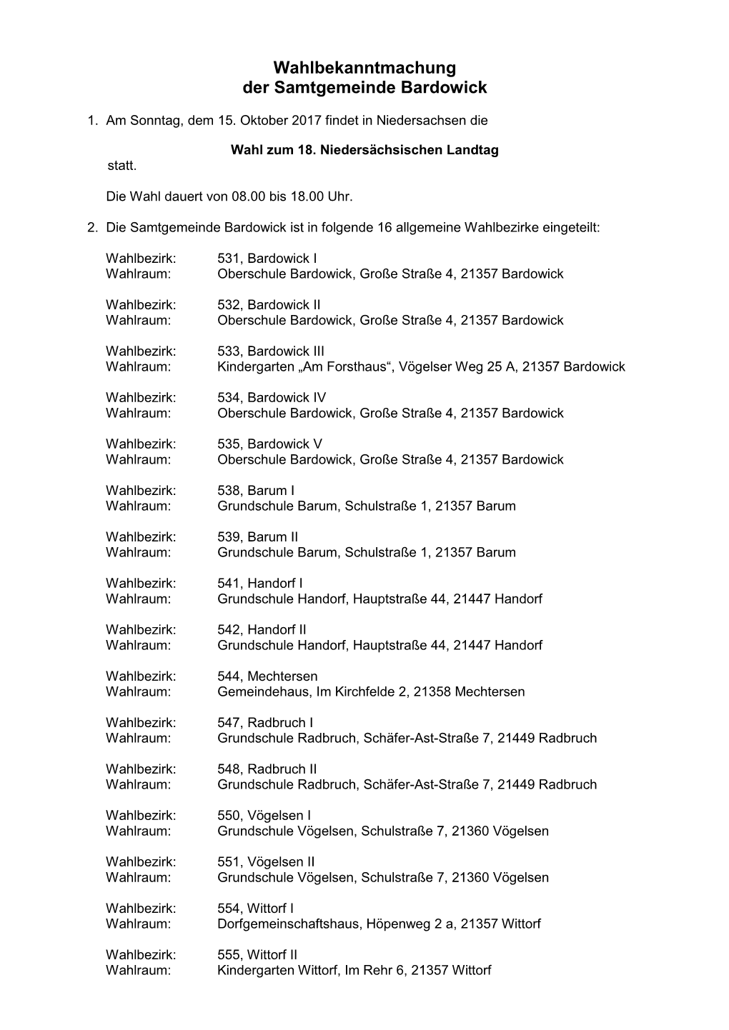 Wahlbekanntmachung Der Samtgemeinde Bardowick