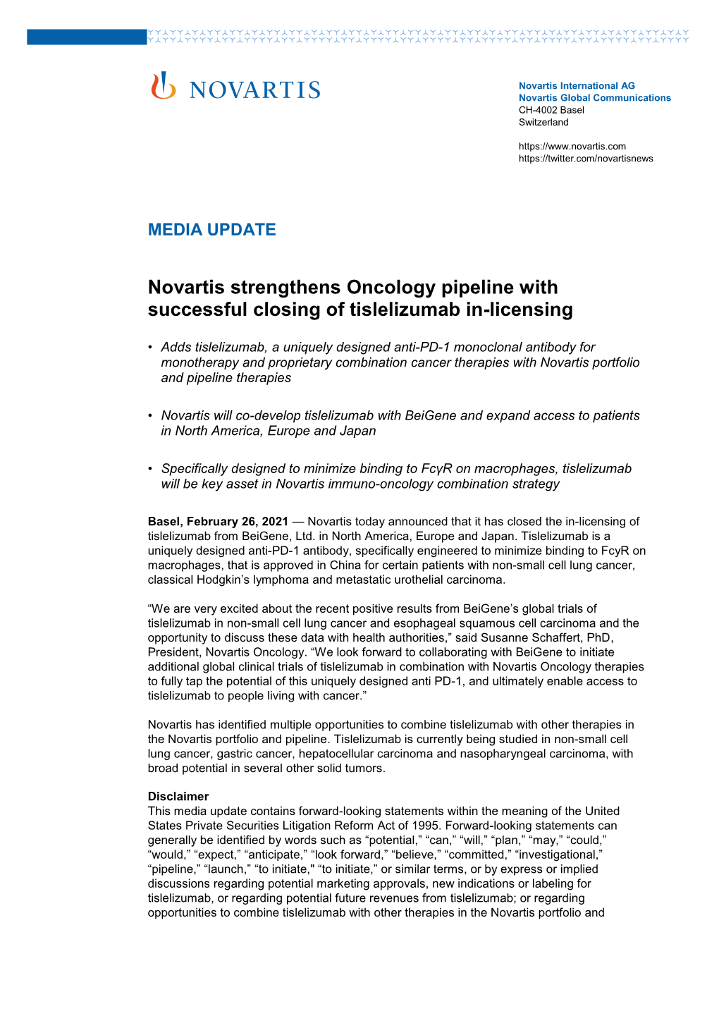 Novartis Strengthens Oncology Pipeline with Successful Closing of Tislelizumab In-Licensing