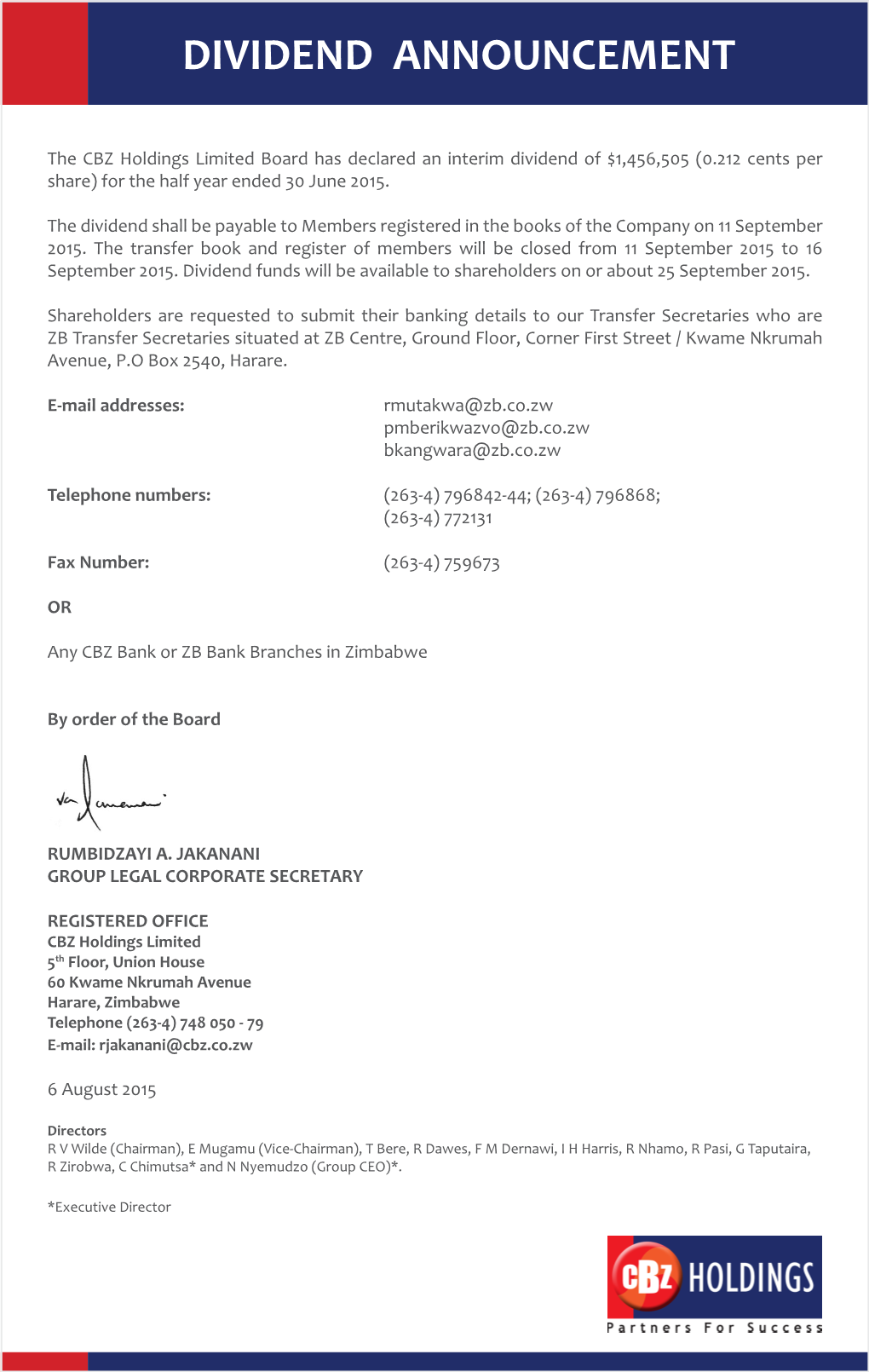 Dividend Announcement Addendum to Annual General Meeting Notice