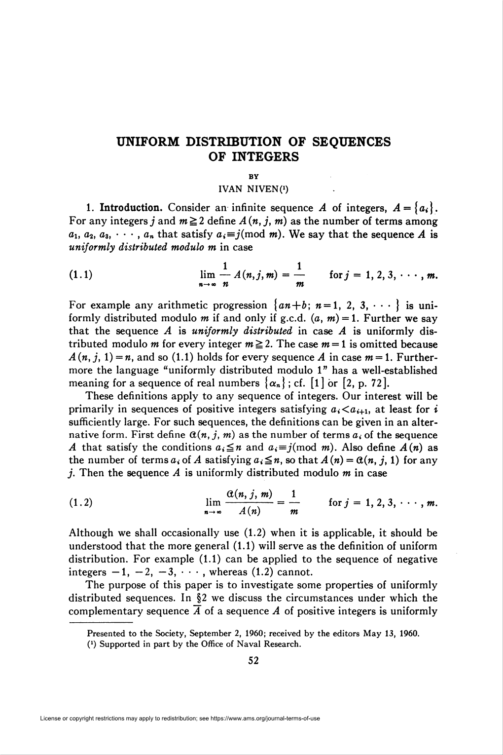Uniform Distribution of Sequences of Integers