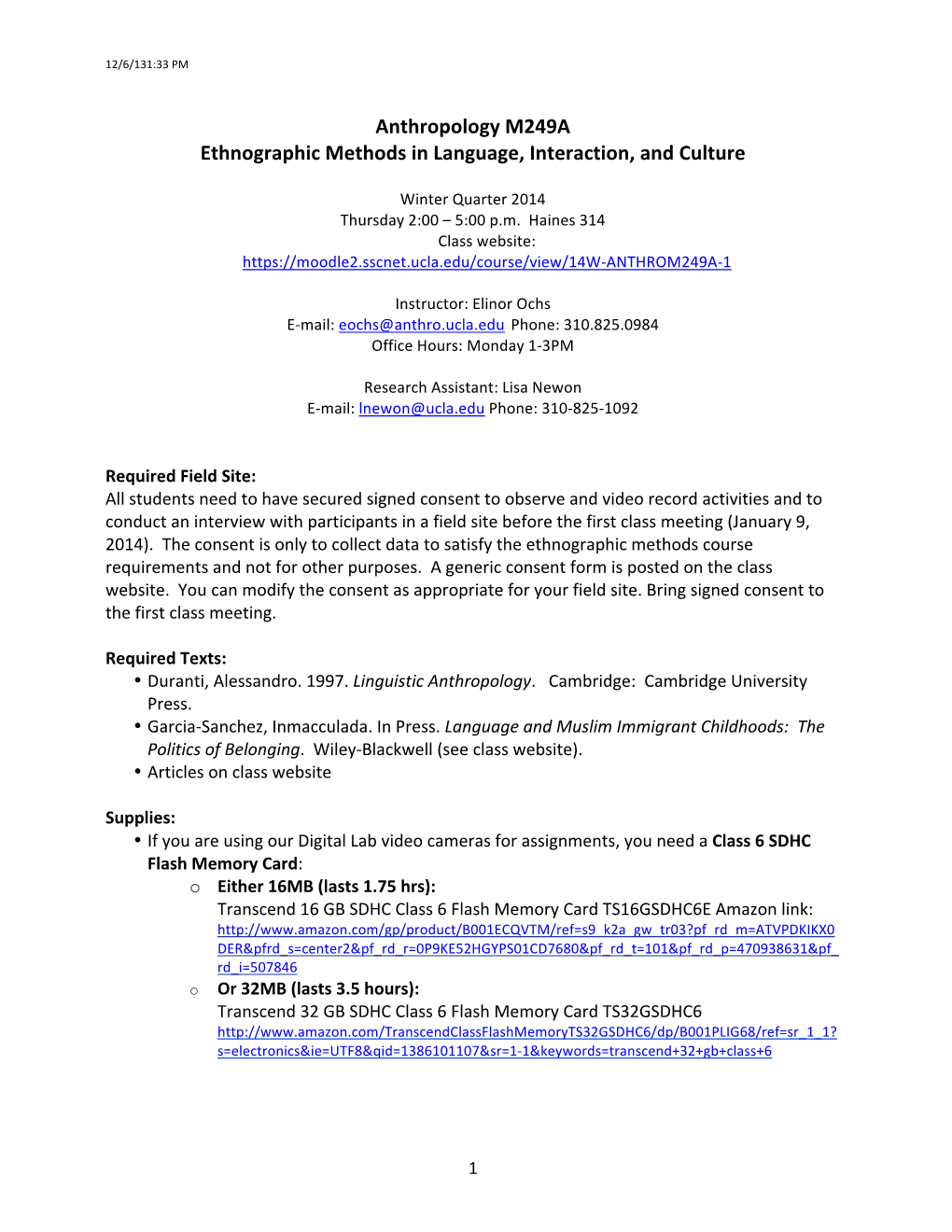Anthro M249A: Ethnographic Methods in Language, Interaction, and Culture