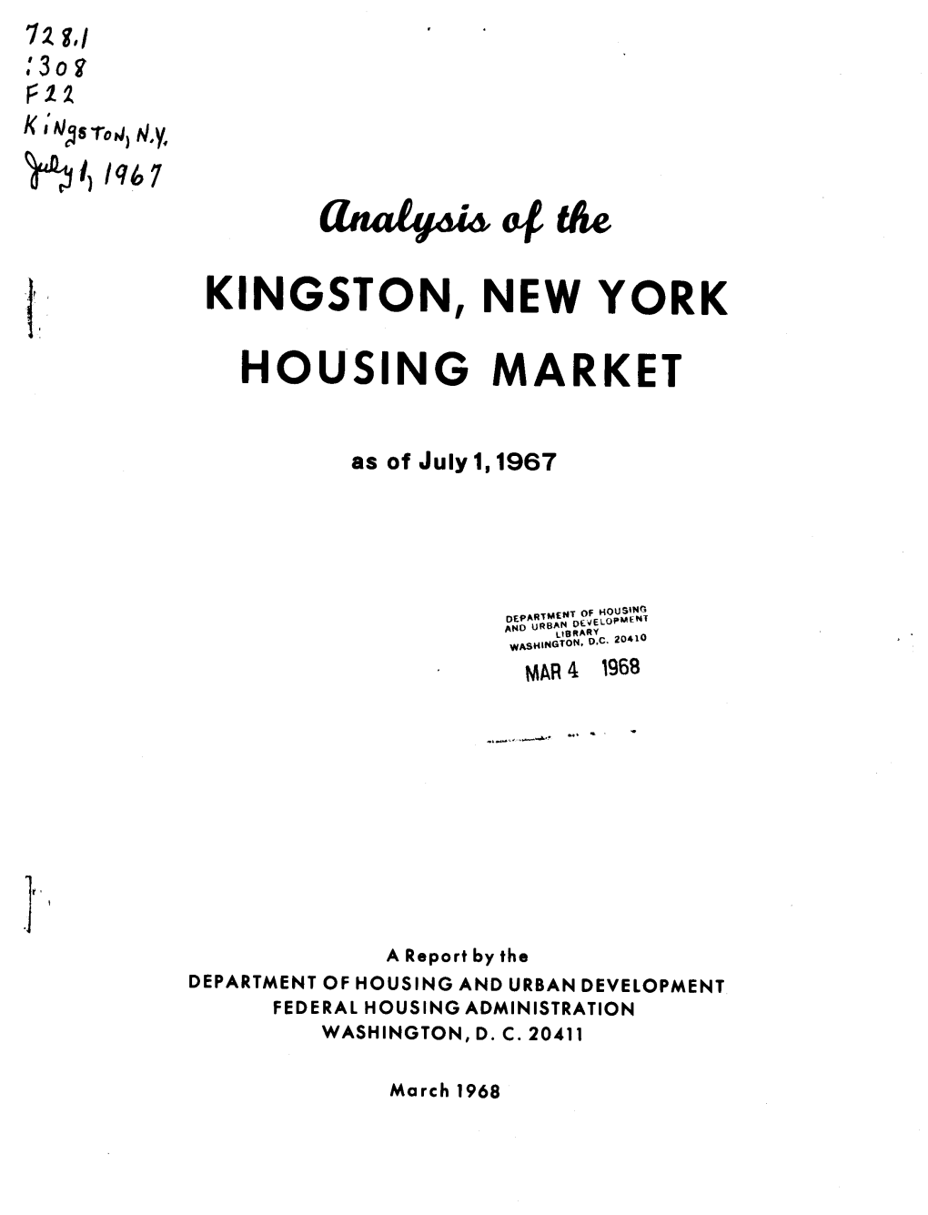 Analysis Fo the Kingston New York Housing Market As of July 1 1967