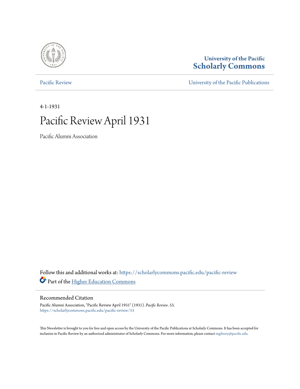 Pacific Review April 1931 Pacific Alumni Association