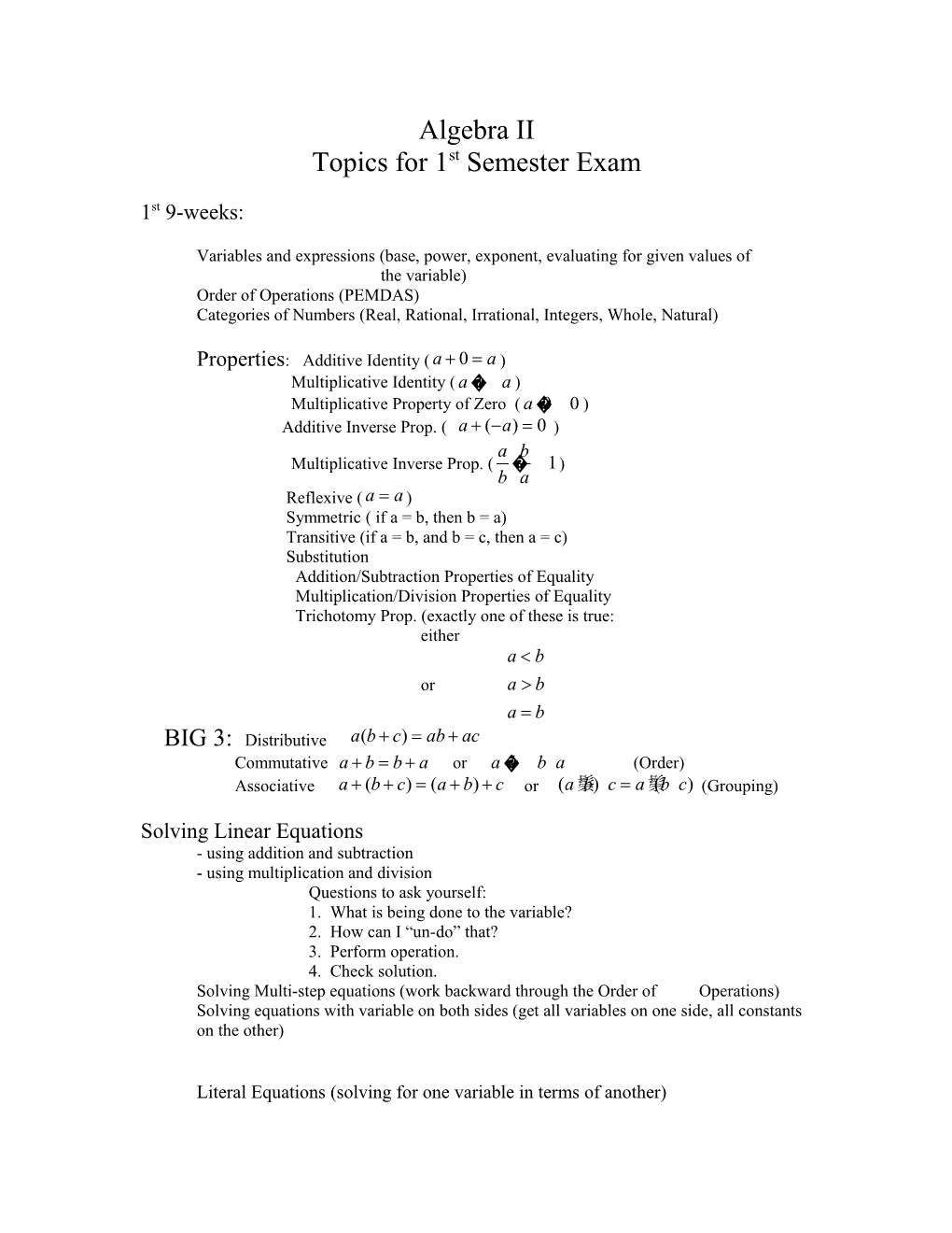 Topics for 1St Semester Exam