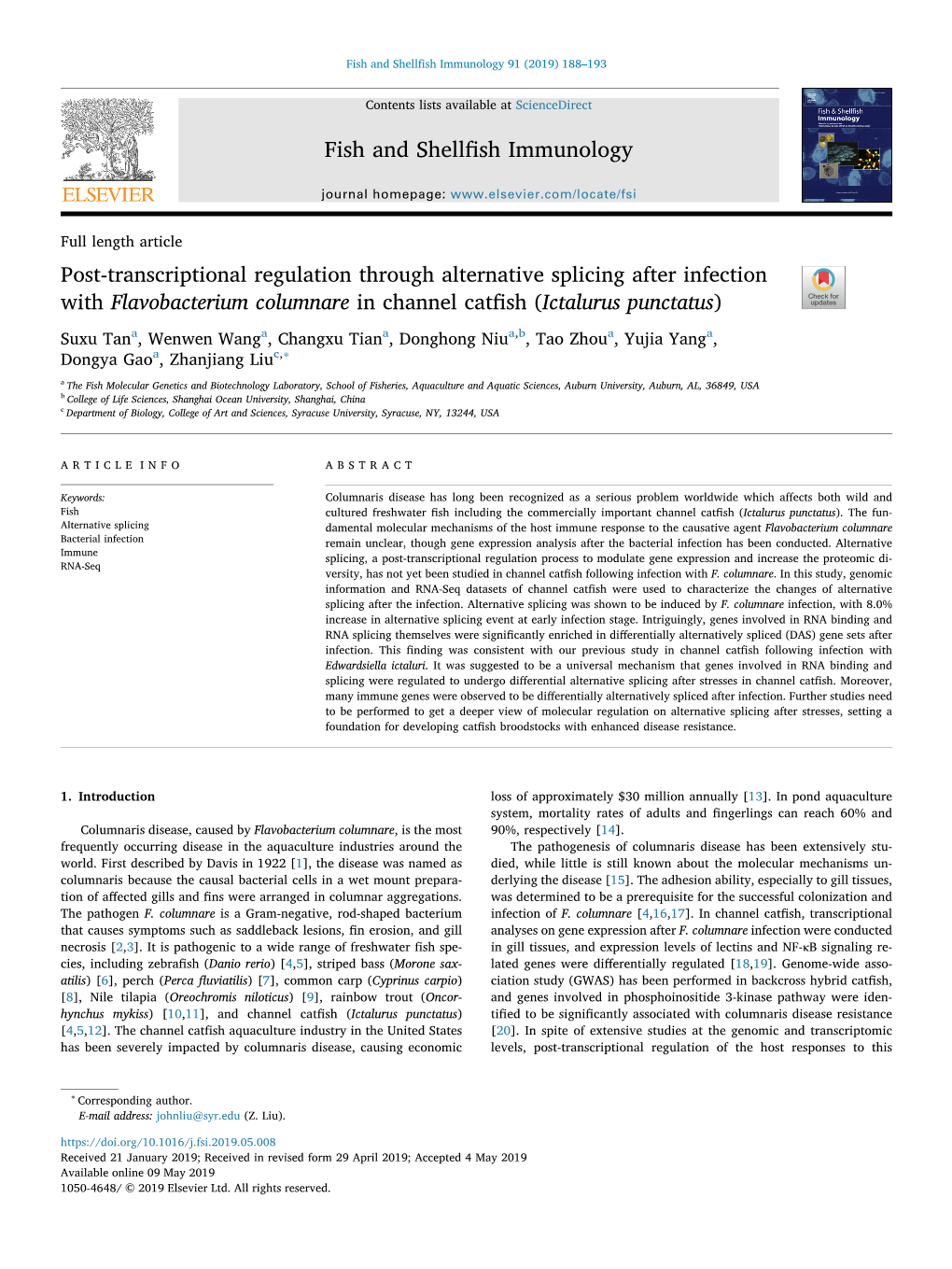 Post-Transcriptional Regulation Through Alternative Splicing After Infection with Flavobacterium Columnare in Channel Catﬁsh (Ictalurus Punctatus) T