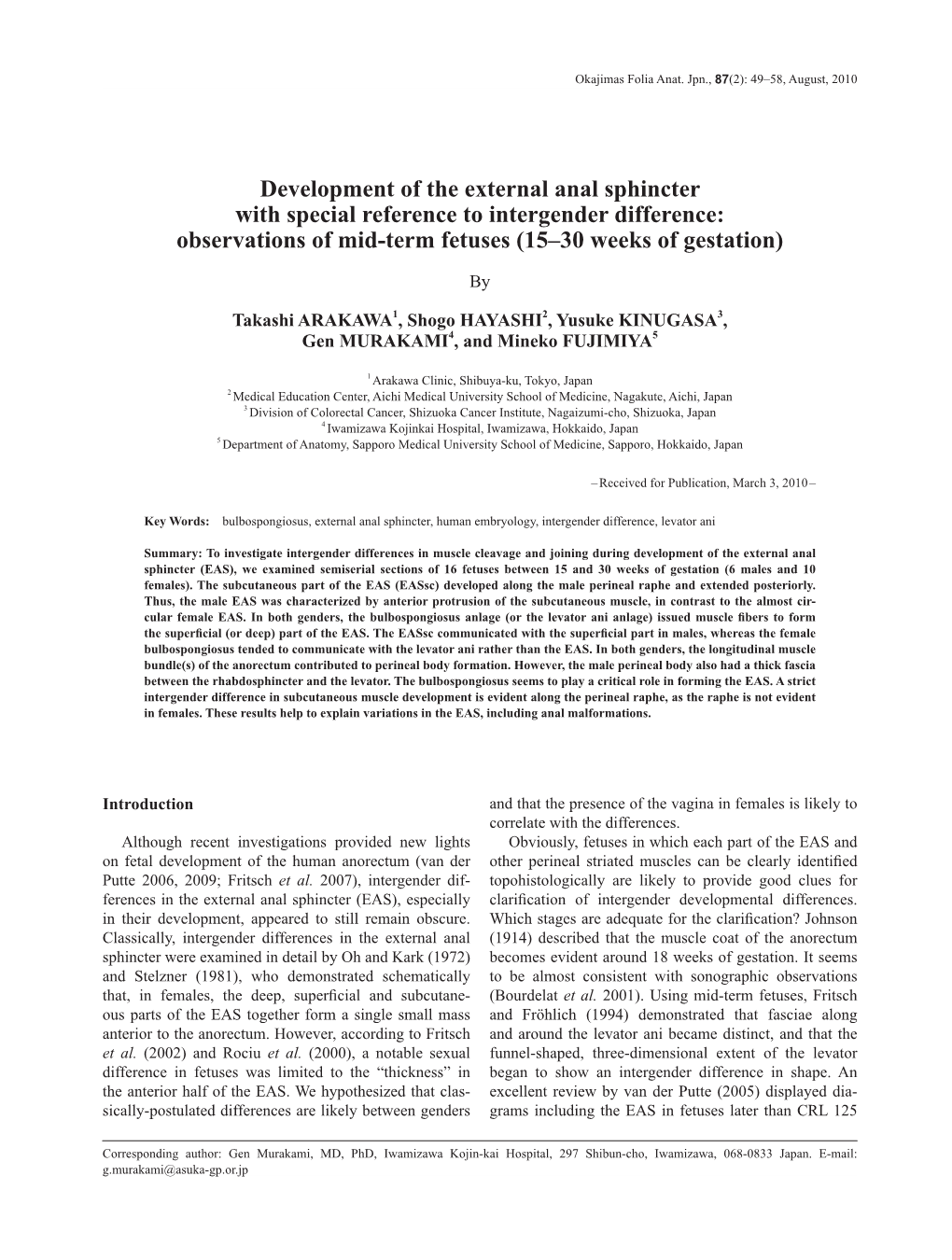 Development of the External Anal Sphincter with Special Reference to Intergender Difference: Observations of Mid-Term Fetuses (15–30 Weeks of Gestation)