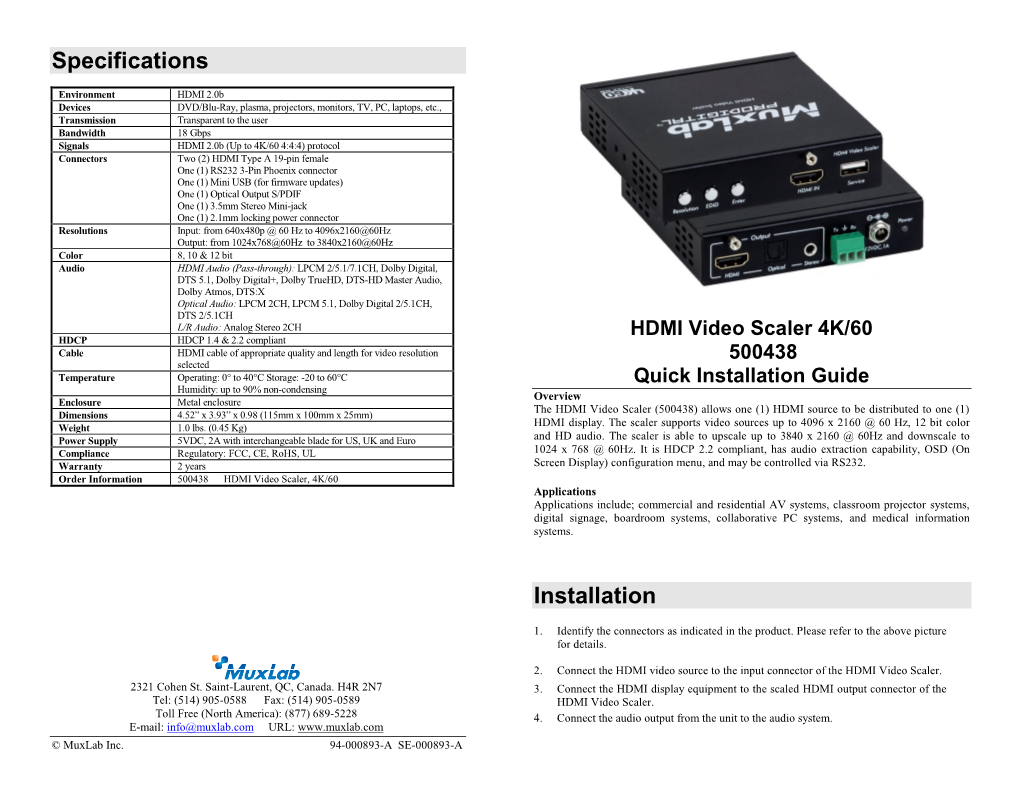 Specifications Installation