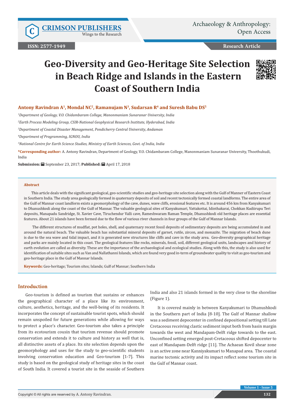 Geo-Diversity and Geo-Heritage Site Selection in Beach Ridge and Islands in the Eastern Coast of Southern India