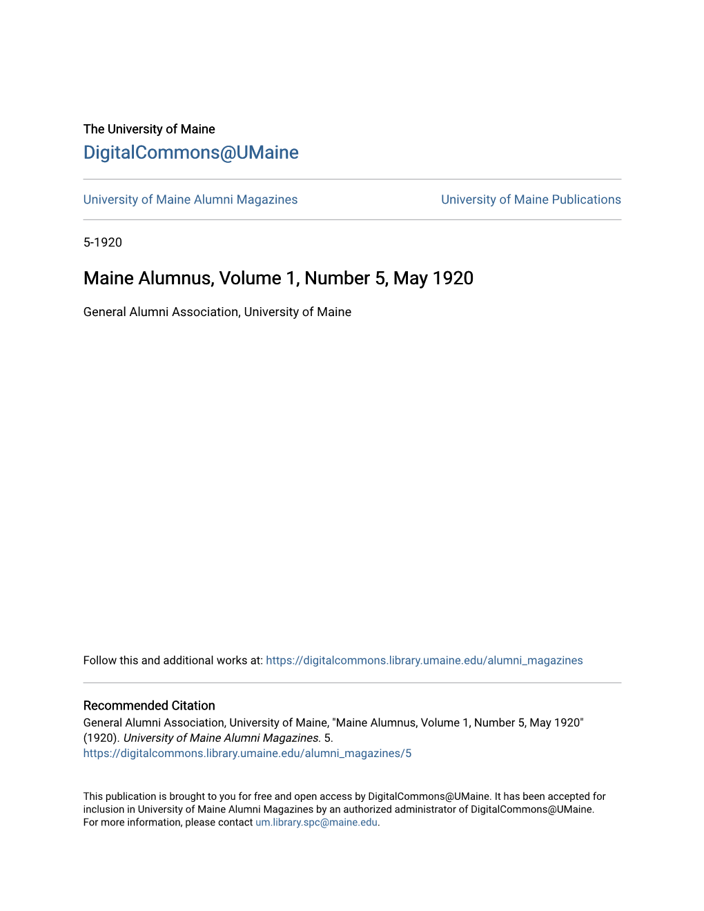 Maine Alumnus, Volume 1, Number 5, May 1920