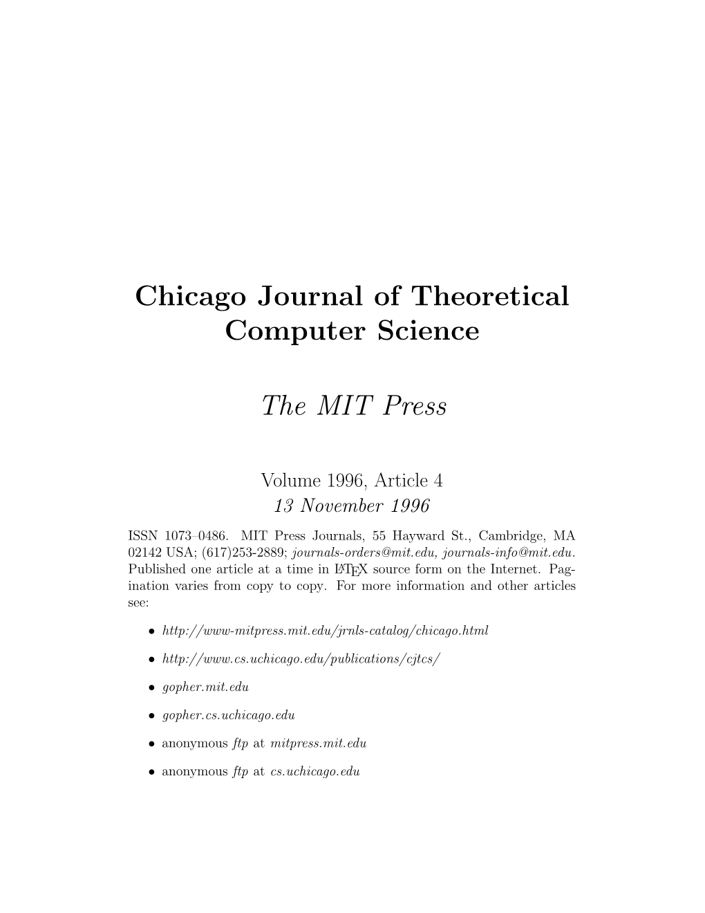 Chicago Journal of Theoretical Computer Science the MIT Press