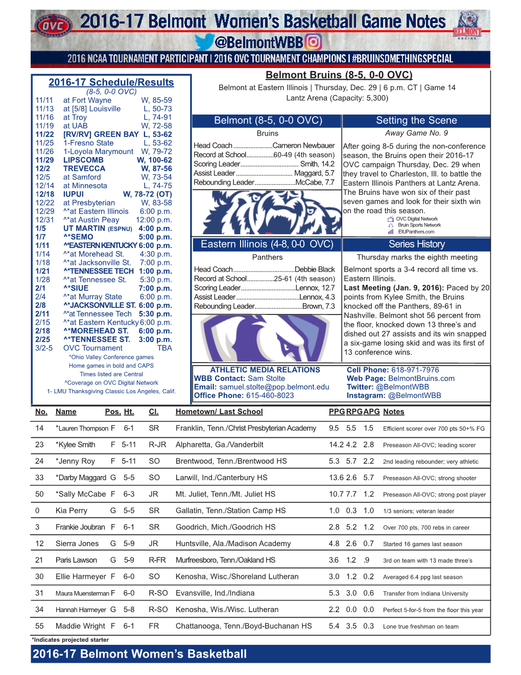 2016-17 Games Notes14 2011 Belmont WBB Game Notes.Qxd