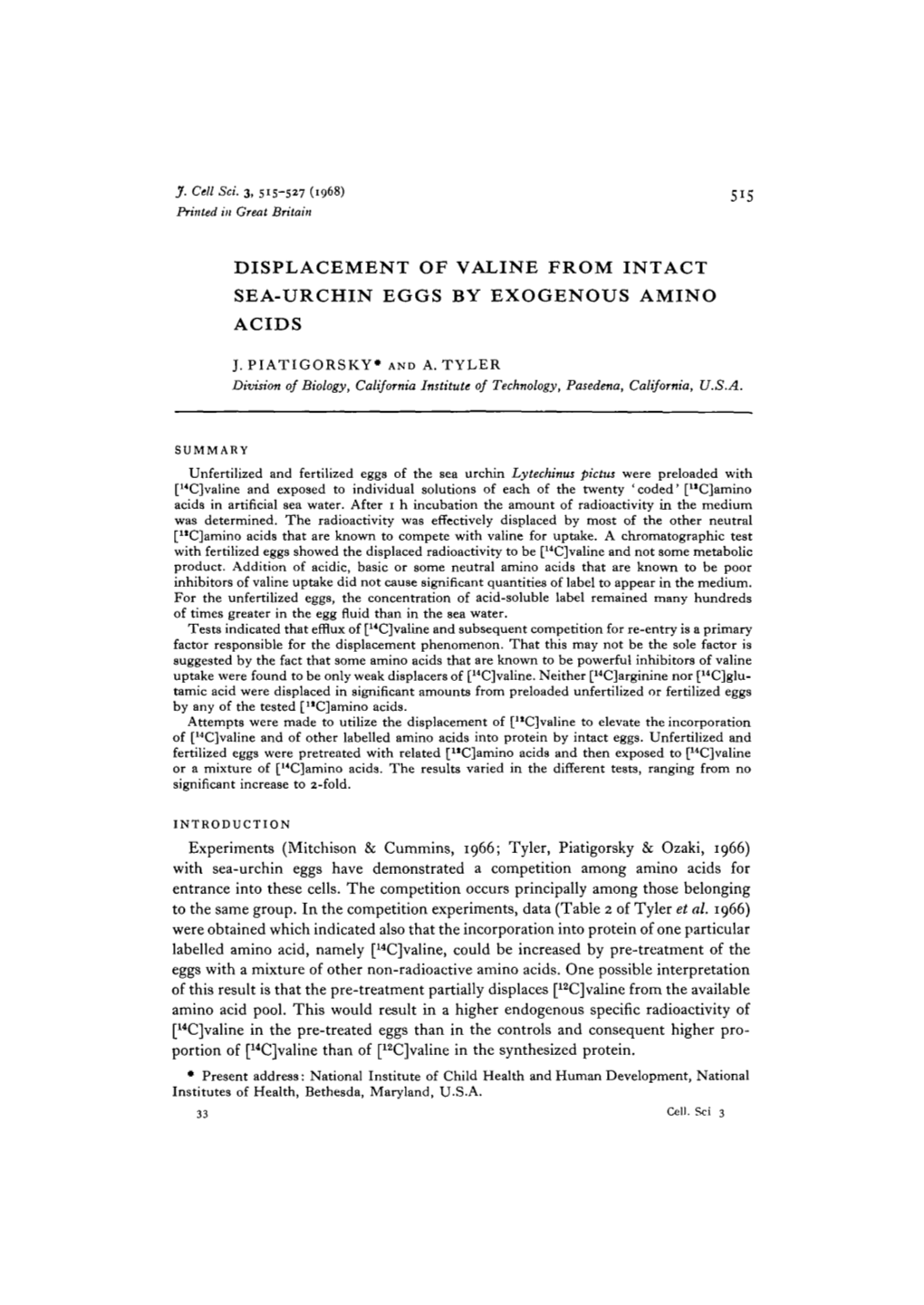 Displacement of Valine from Intact Sea-Urchin Eggs by Exogenous Amino Acids