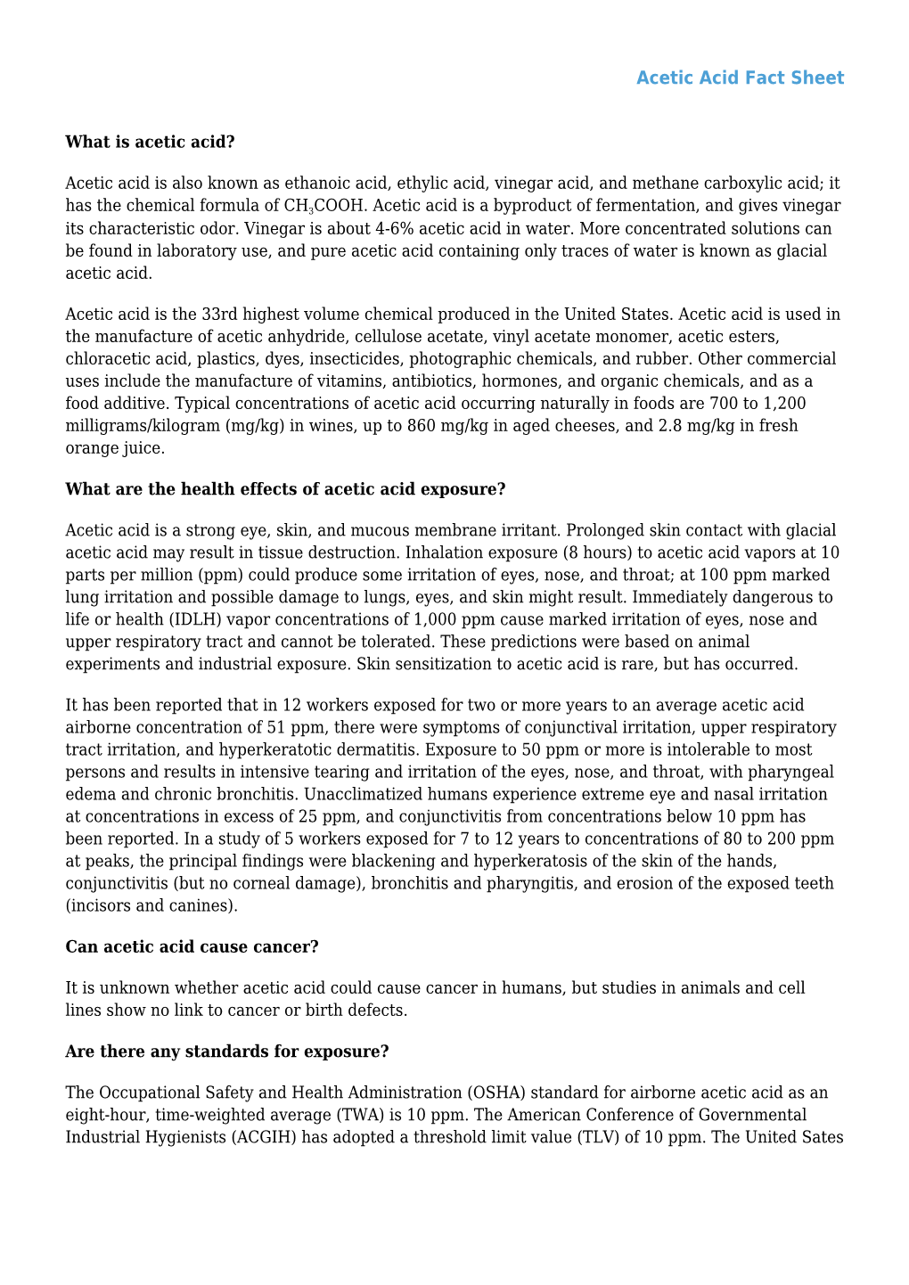 Acetic Acid Fact Sheet