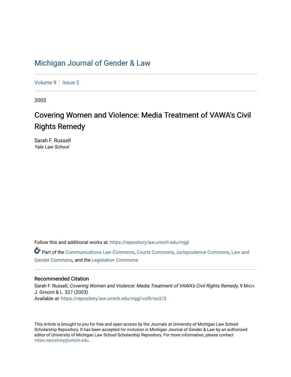 Covering Women and Violence: Media Treatment of VAWA's Civil Rights Remedy