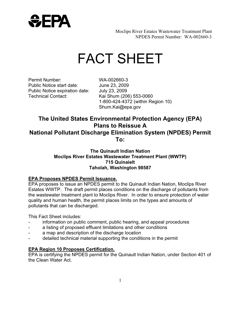 Fact Sheet for the Draft NPDES Permit for Quinault Indian Nation Moclips