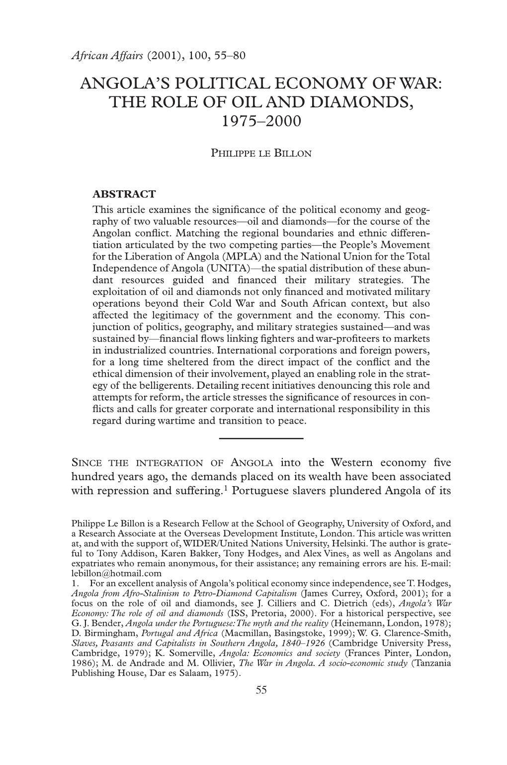 Angola's Political Economy of War: the Role of Oil and Diamonds, 1975–2000