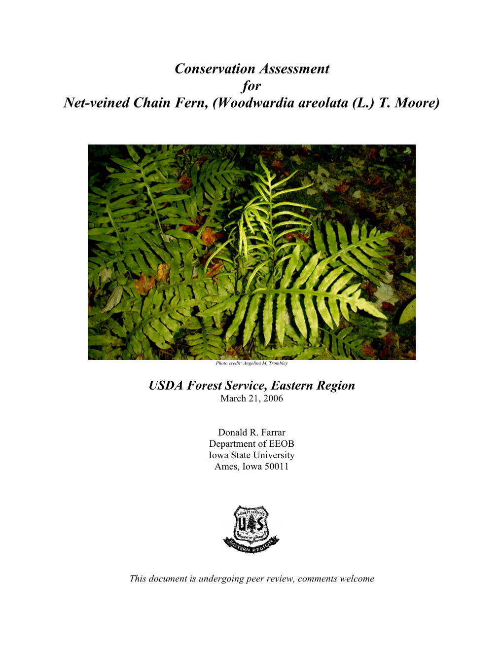 Conservation Assessment for Net-Veined Chain Fern, (Woodwardia Areolata (L.) T