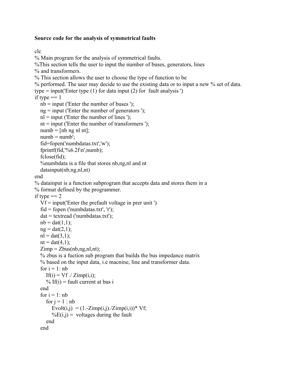 Source Code for the Analysis of Symmetrical Faults