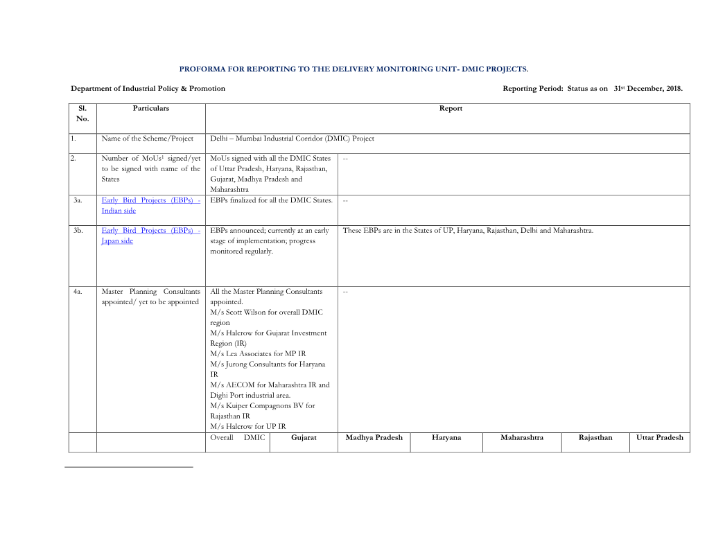 Proforma for Reporting to the Delivery Monitoring Unit- Dmic Projects