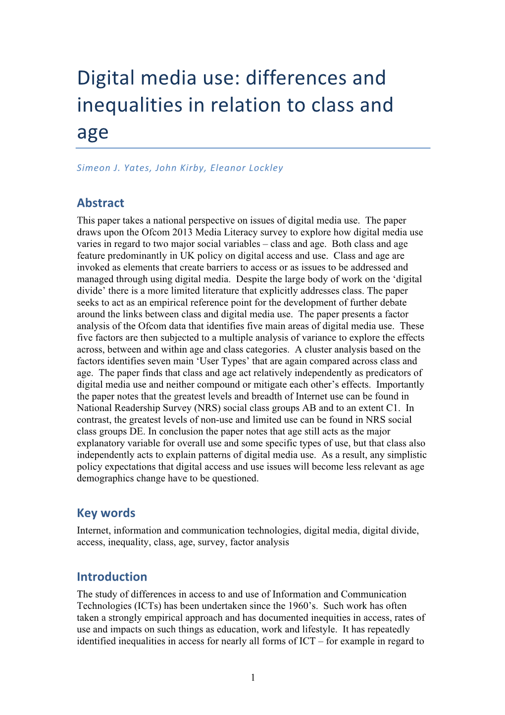 Differences and Inequalities in Relation to Class and Age