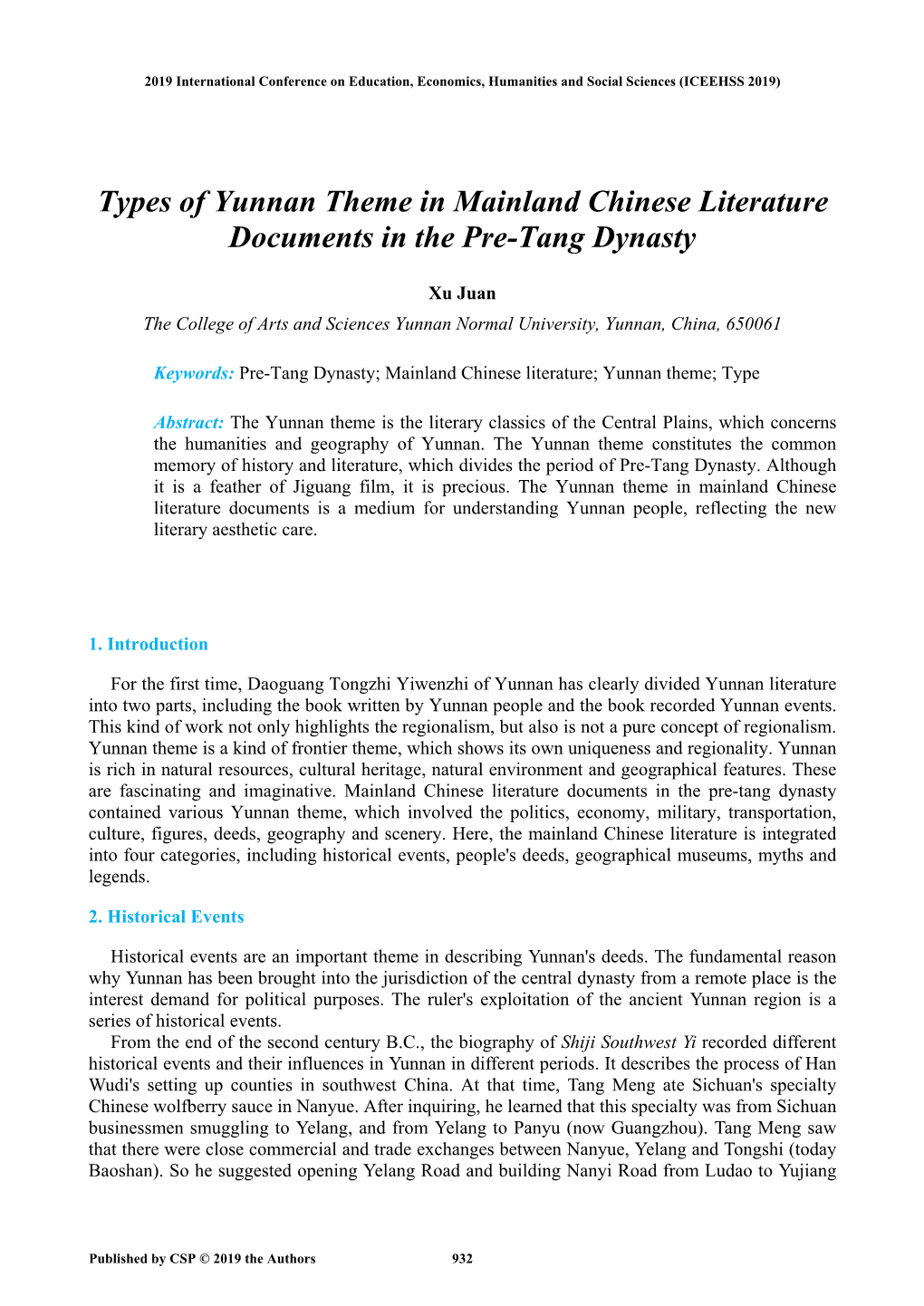 Types of Yunnan Theme in Mainland Chinese Literature Documents in the Pre-Tang Dynasty