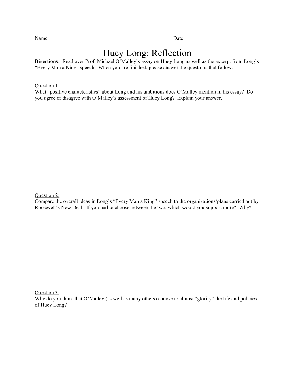 Huey Long: Reflection