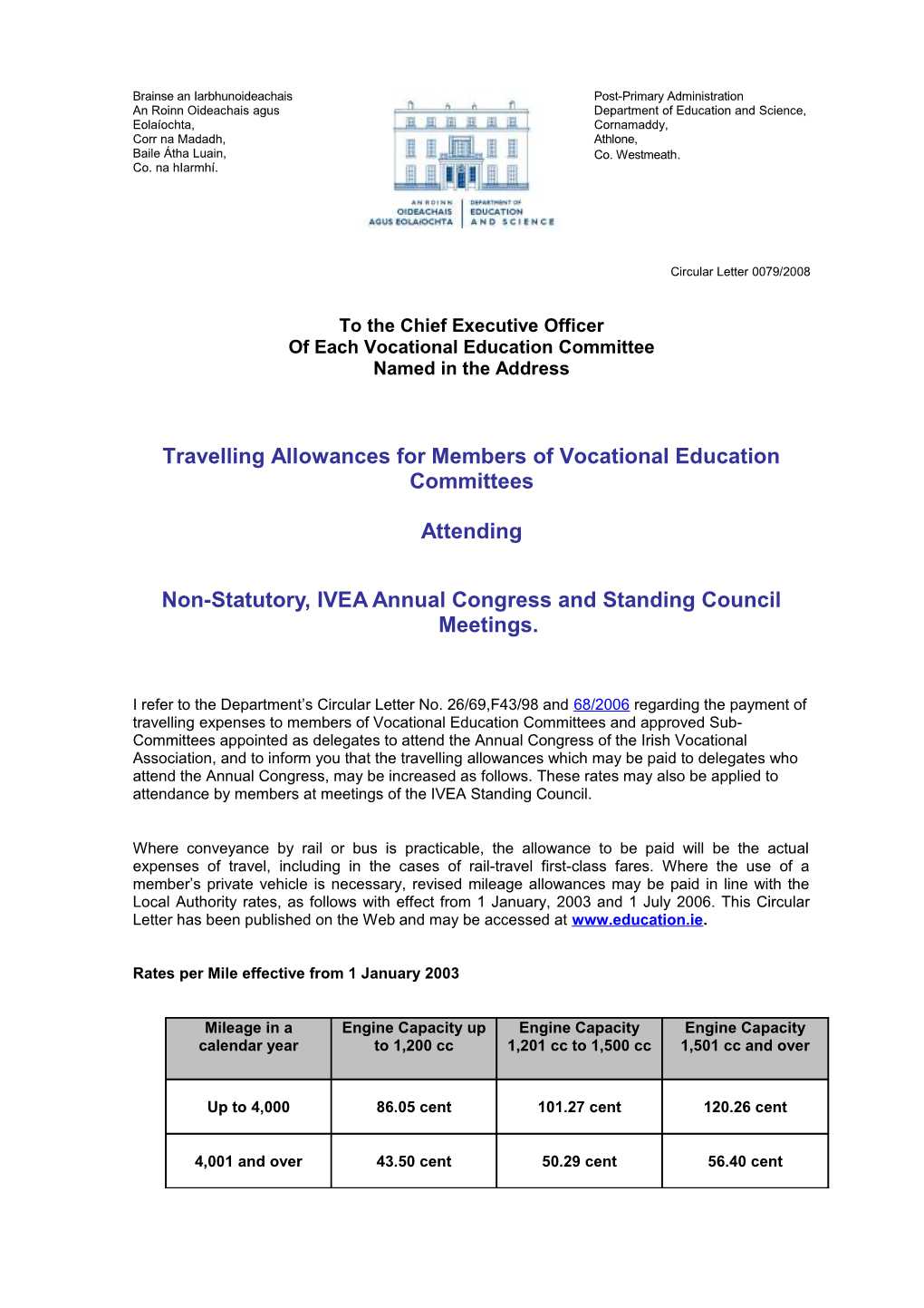 Circular 0079/2008 - Travelling Allowances for Members of Vocational Education Committees