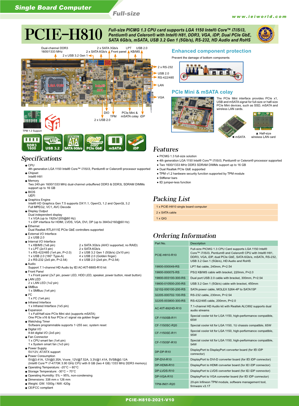 PCIE-H810 SATA 6Gb/S, Msata, USB 3.2 Gen 1 (5Gb/S), RS-232, HD Audio and Rohs