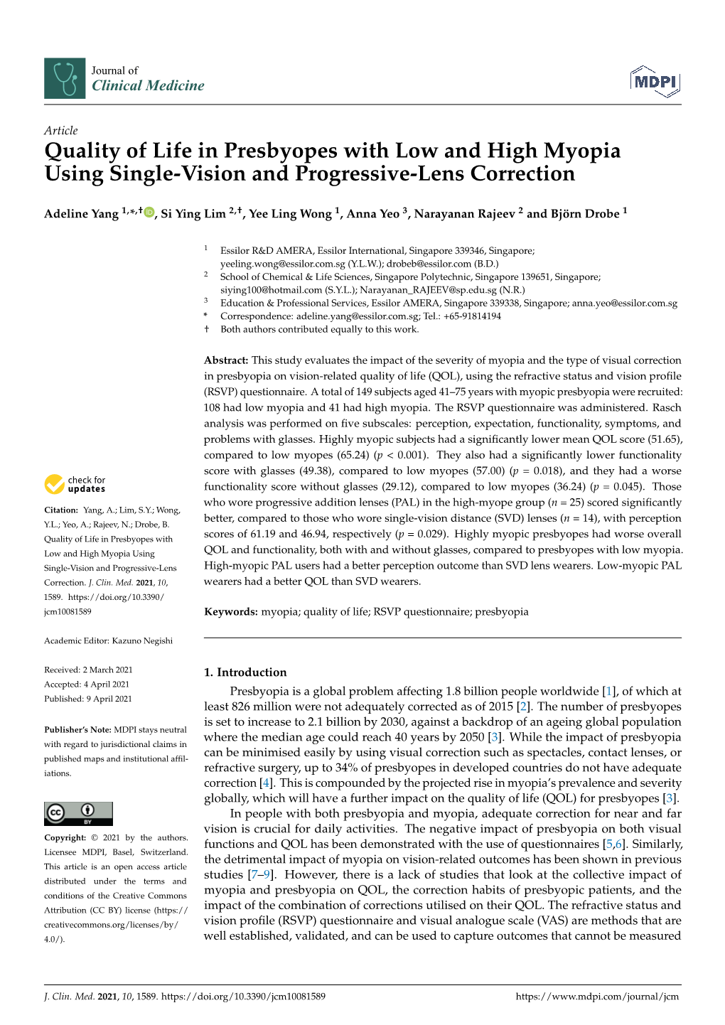 Quality of Life in Presbyopes with Low and High Myopia Using Single-Vision and Progressive-Lens Correction