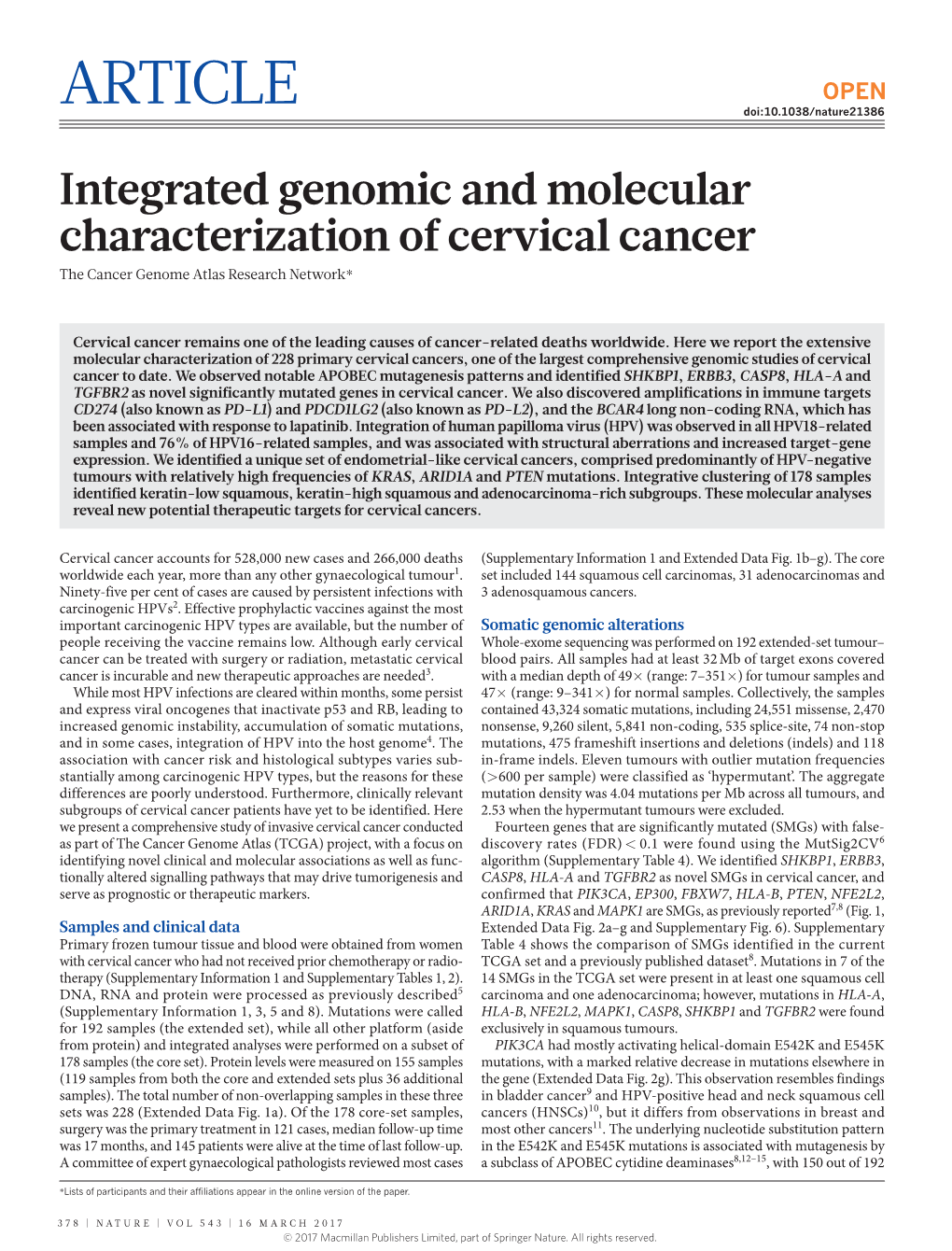 Integrated Genomic and Molecular Characterization of Cervical Cancer the Cancer Genome Atlas Research Network*