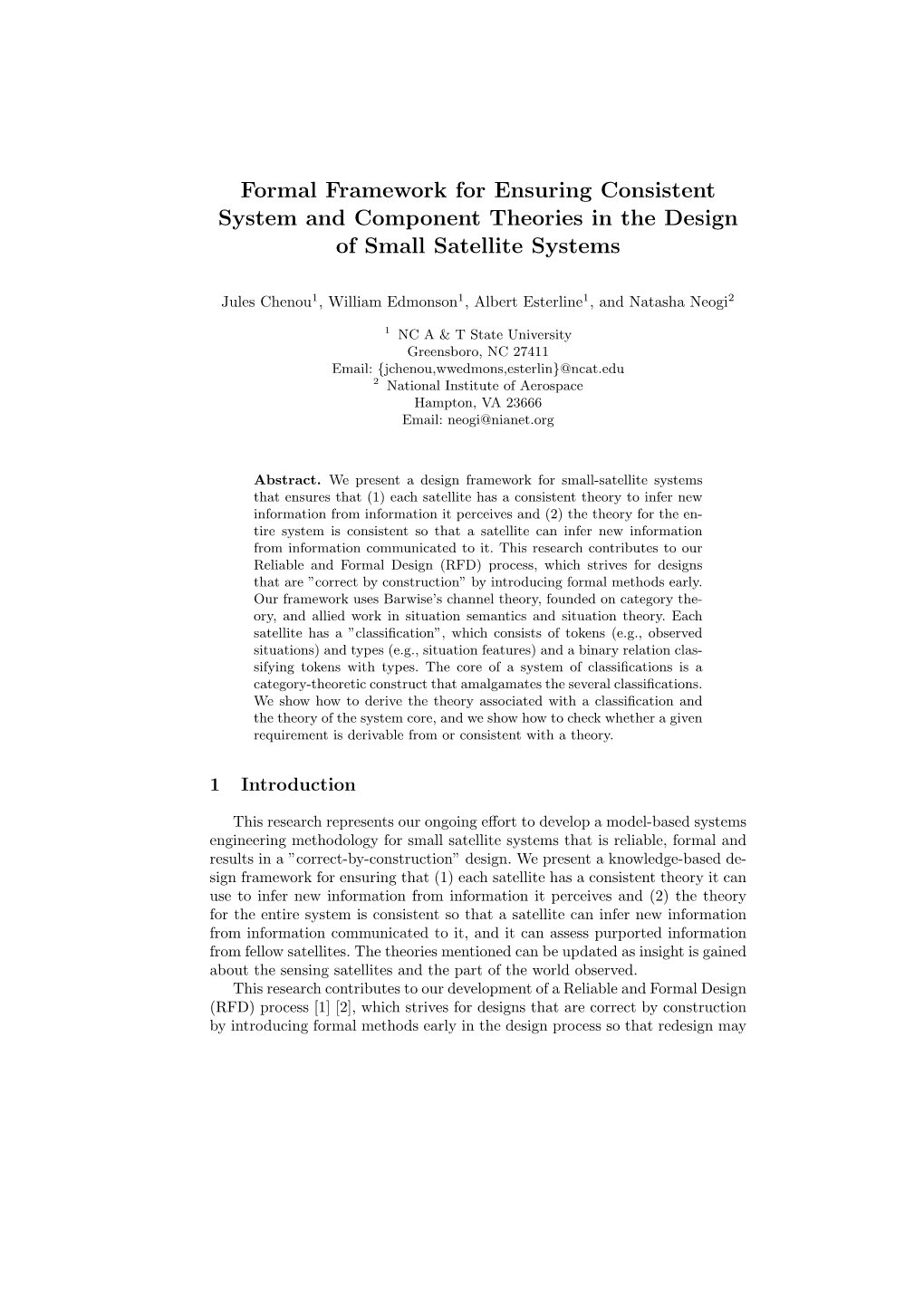 Formal Framework for Ensuring Consistent System and Component Theories in the Design of Small Satellite Systems