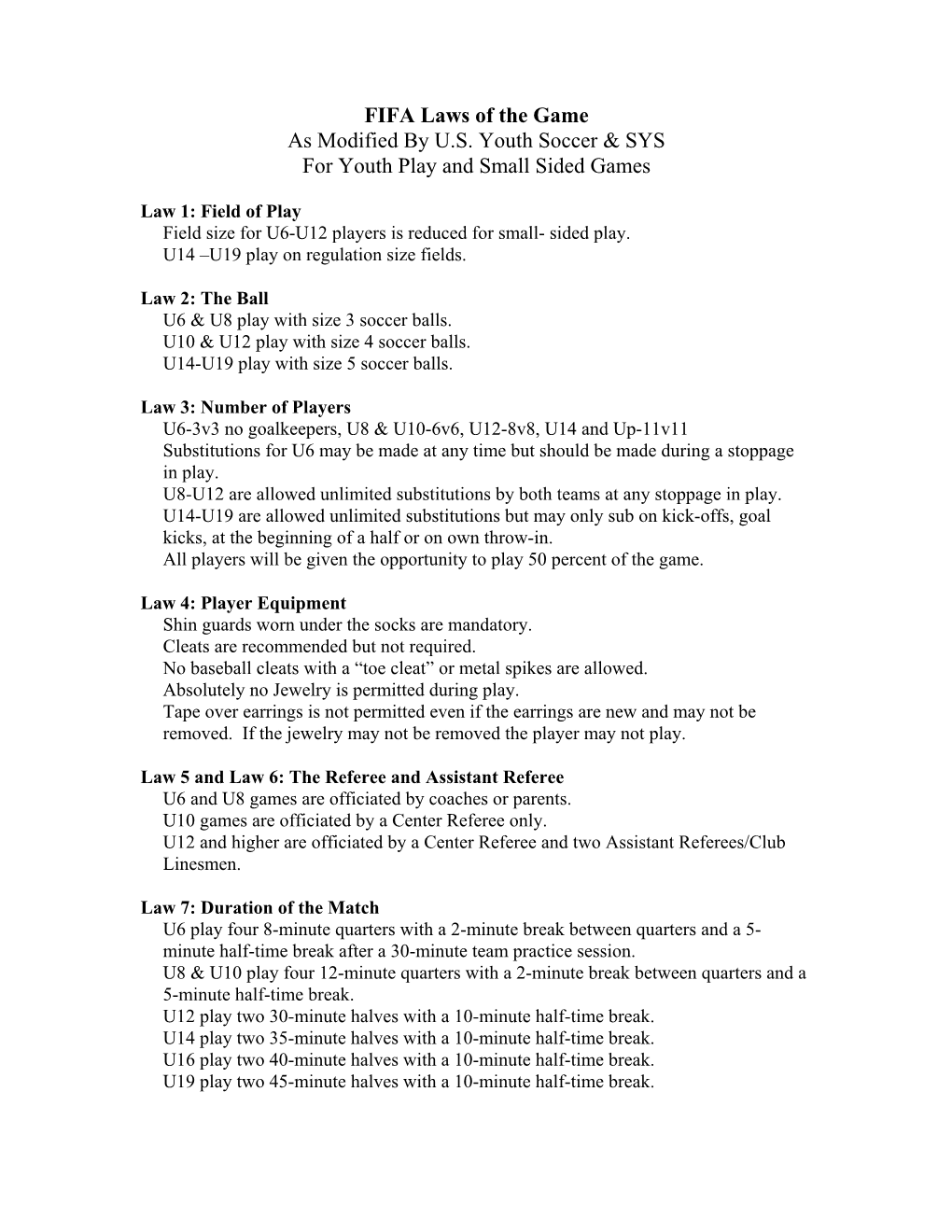 FIFA Laws of the Game As Modified by U.S. Youth Soccer & SYS For