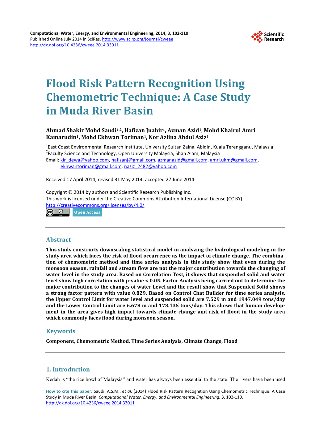 Flood Risk Pattern Recognition Using Chemometric Technique: a Case Study in Muda River Basin