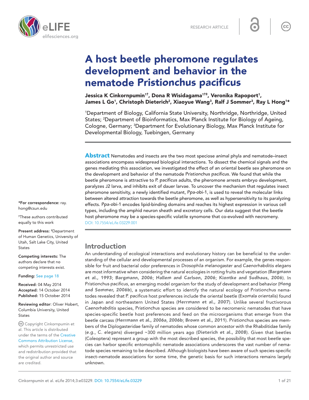A Host Beetle Pheromone Regulates Development and Behavior
