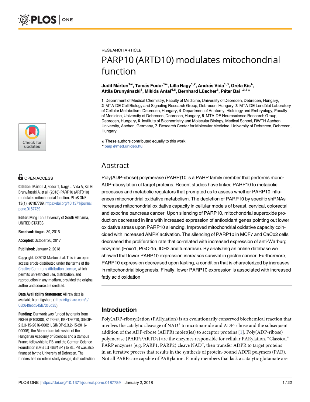 PARP10 (ARTD10) Modulates Mitochondrial Function