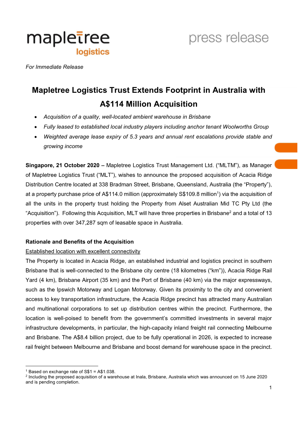 Mapletree Logistics Trust Extends Footprint in Australia with A$114 Million Acquisition