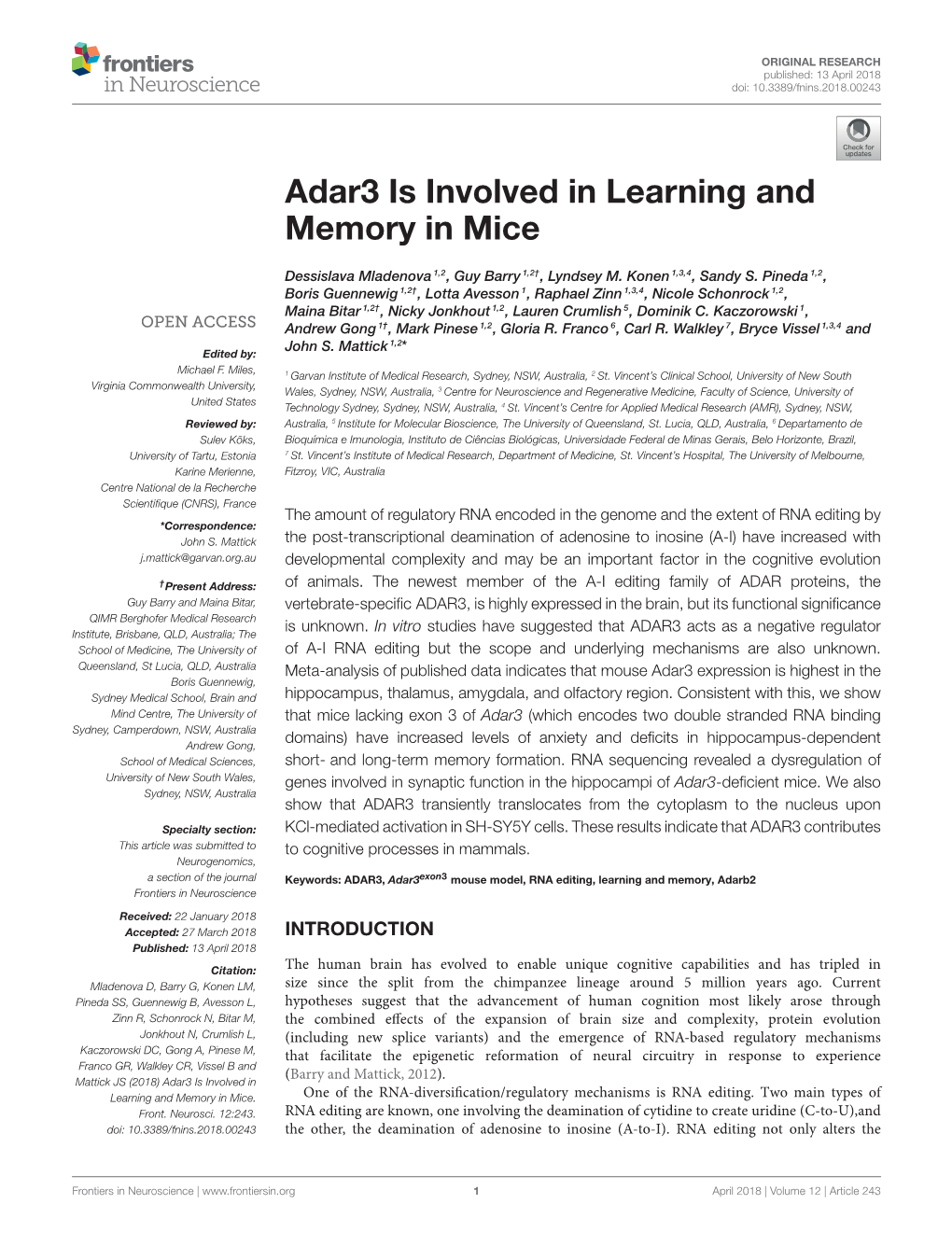 Adar3 Is Involved in Learning and Memory in Mice
