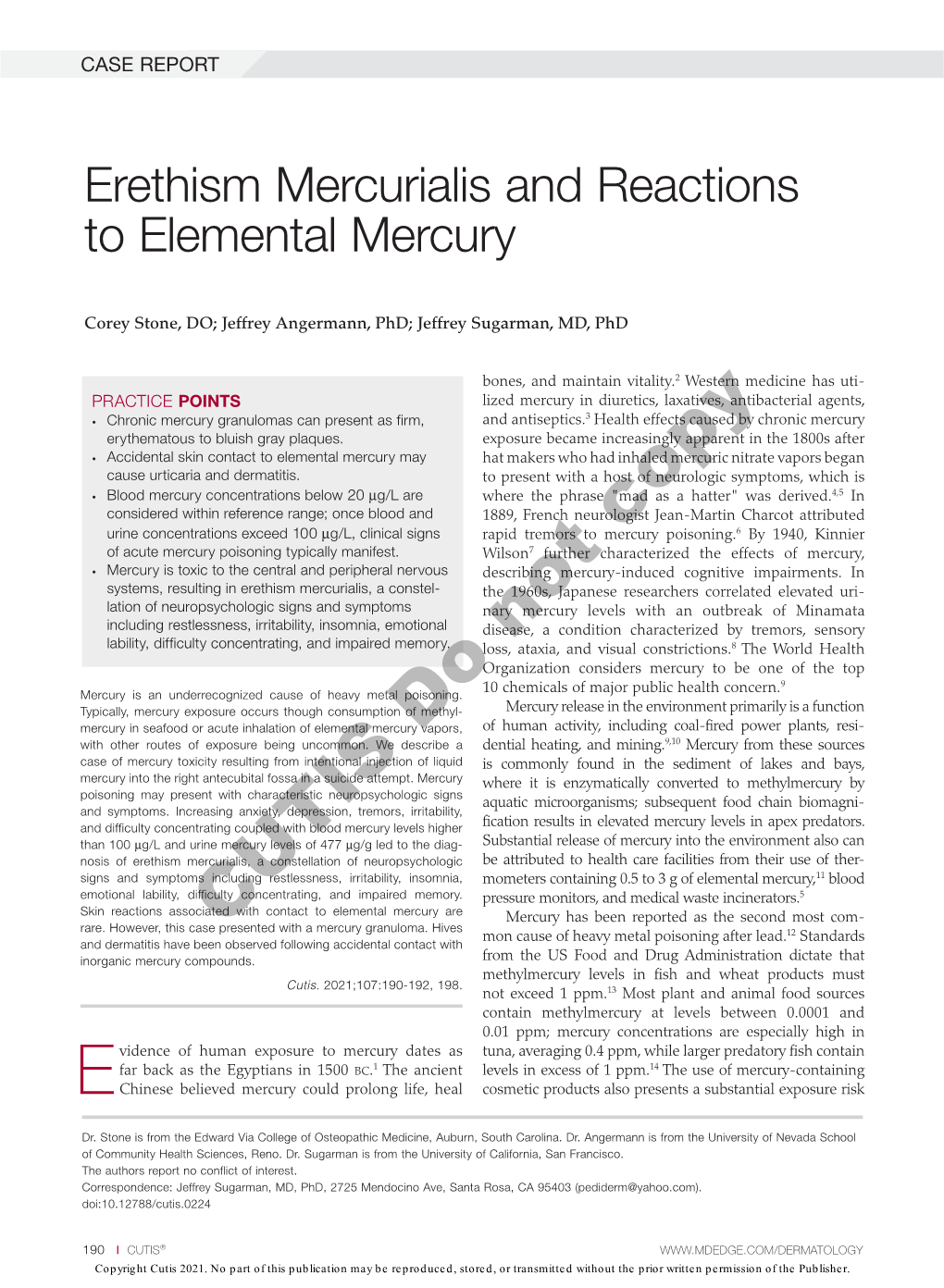 Erethism Mercurialis and Reactions to Elemental Mercury