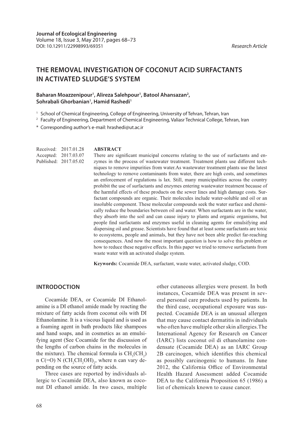 The Removal Investigation of Coconut Acid Surfactants in Activated Sludge’S System