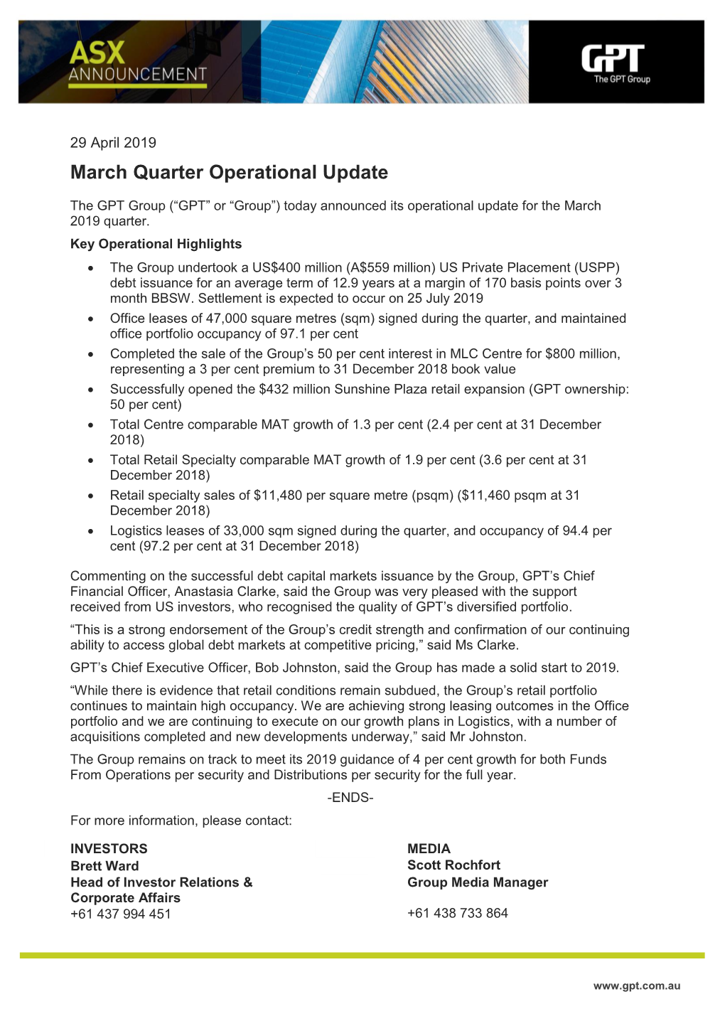 Gpt Asx Announcement