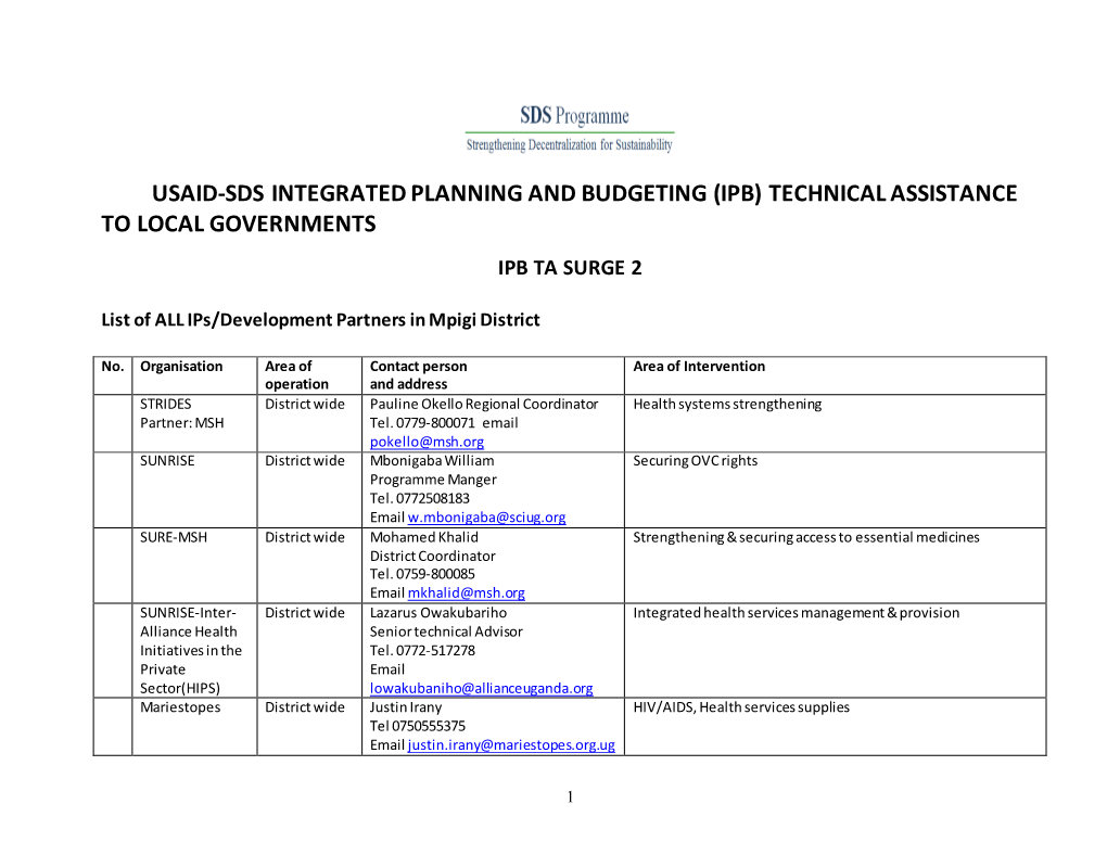 Usaid-Sds Integrated Planning and Budgeting (Ipb) Technical Assistance to Local Governments
