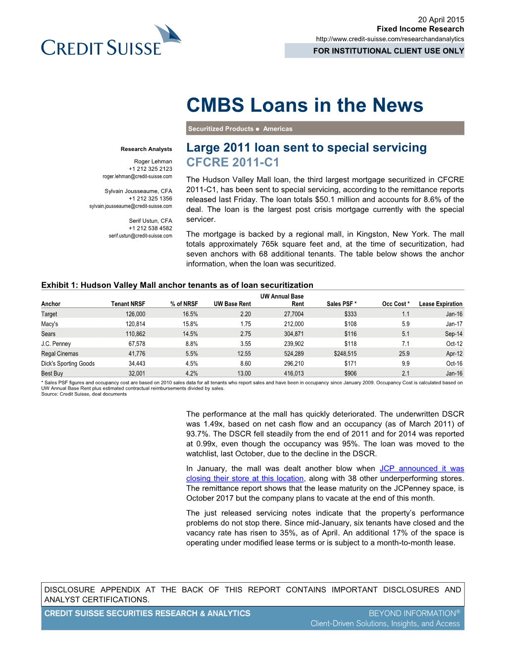 Hudson Valley Mall Loan, the Third Largest Mortgage Securitized in CFCRE