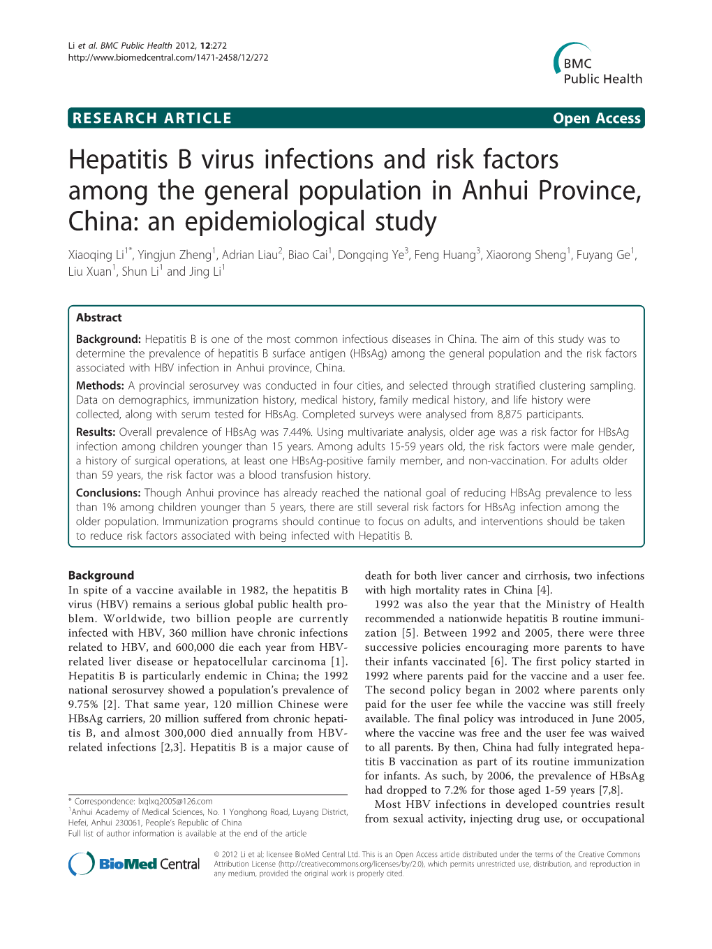 Hepatitis B Virus Infections and Risk Factors Among the General Population in Anhui Province, China: an Epidemiological Study