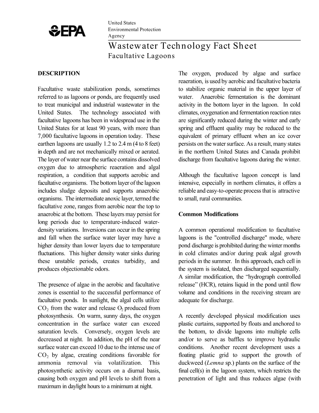 Wastewater Technology Fact Sheet: Facultative Lagoons