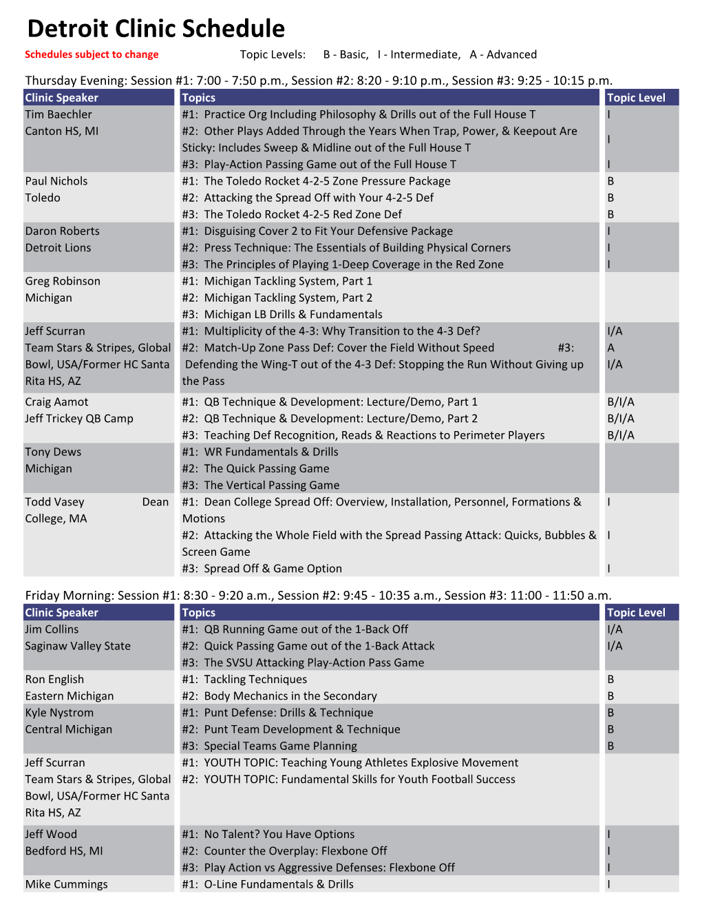 Detroit Clinic Schedule