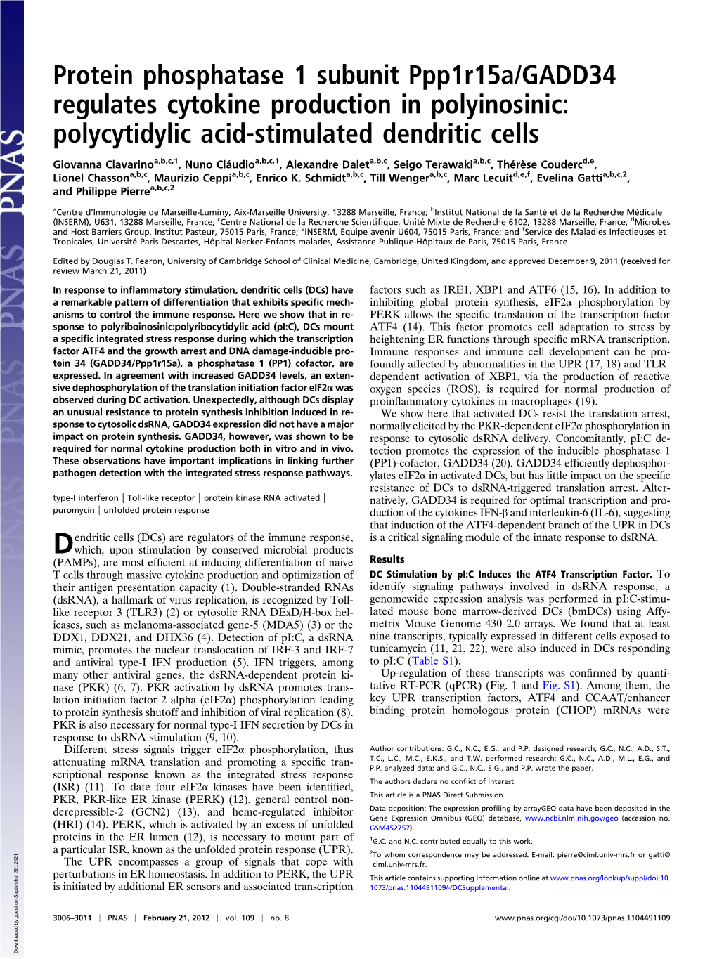 Protein Phosphatase 1 Subunit Ppp1r15a/GADD34 Regulates Cytokine Production in Polyinosinic: Polycytidylic Acid-Stimulated Dendritic Cells